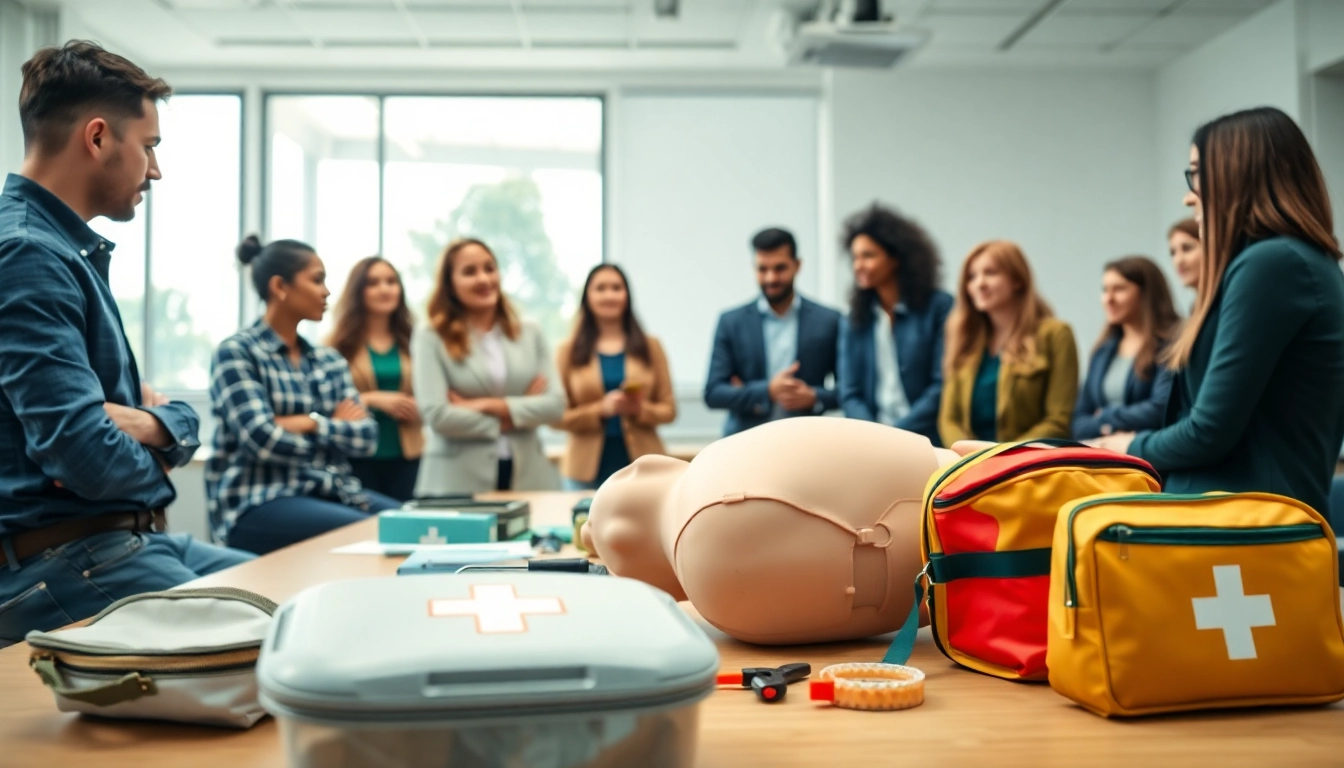 Engaging workplace first aid demonstration featuring training kits and diverse participants.