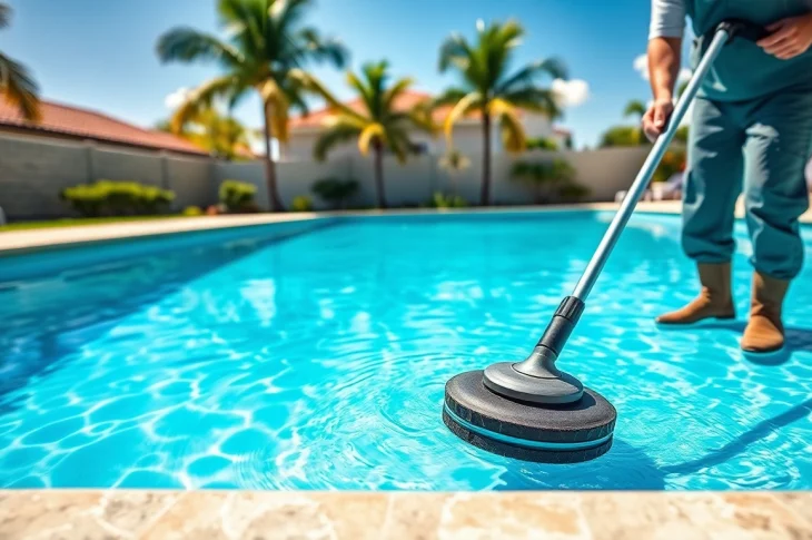 Providing professional swimming pool service in Pinellas County, a technician cleans a sparkling pool.