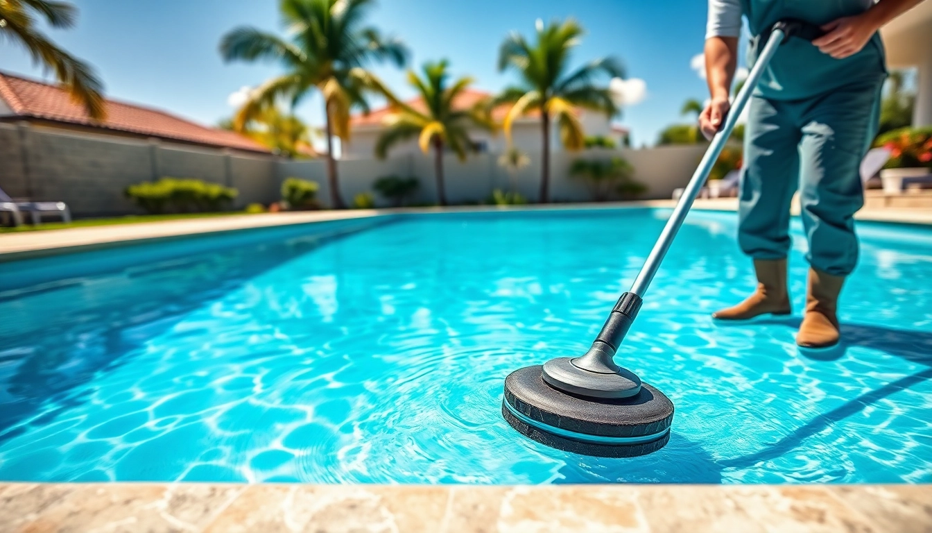 Providing professional swimming pool service in Pinellas County, a technician cleans a sparkling pool.