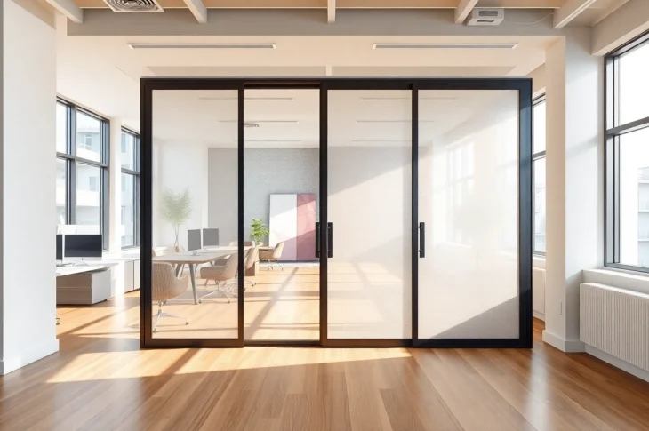 Innovative sliding partition wall elegantly dividing a modern office space for effective workspace management.