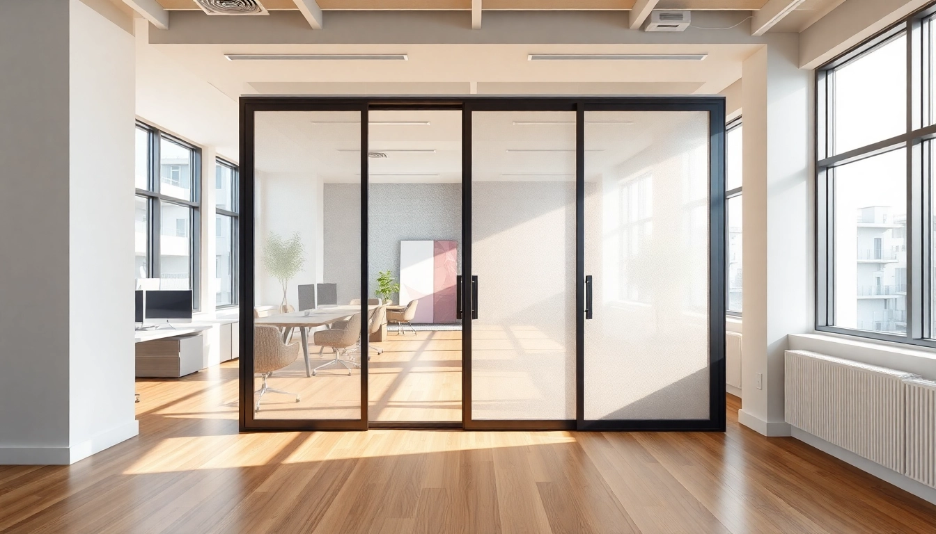 Innovative sliding partition wall elegantly dividing a modern office space for effective workspace management.