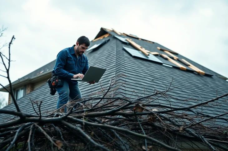 Emergency roof repair Texas by a technician assessing storm damage on a residential roof.