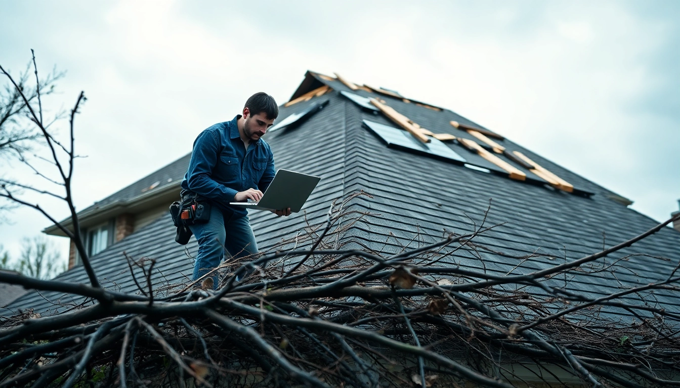 Emergency roof repair Texas by a technician assessing storm damage on a residential roof.