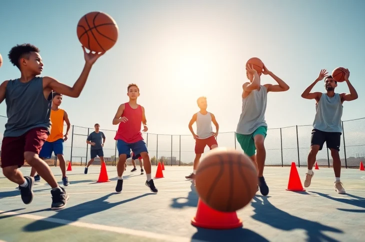 Engaged youth practicing basketball training programs on an outdoor court under bright sunlight.