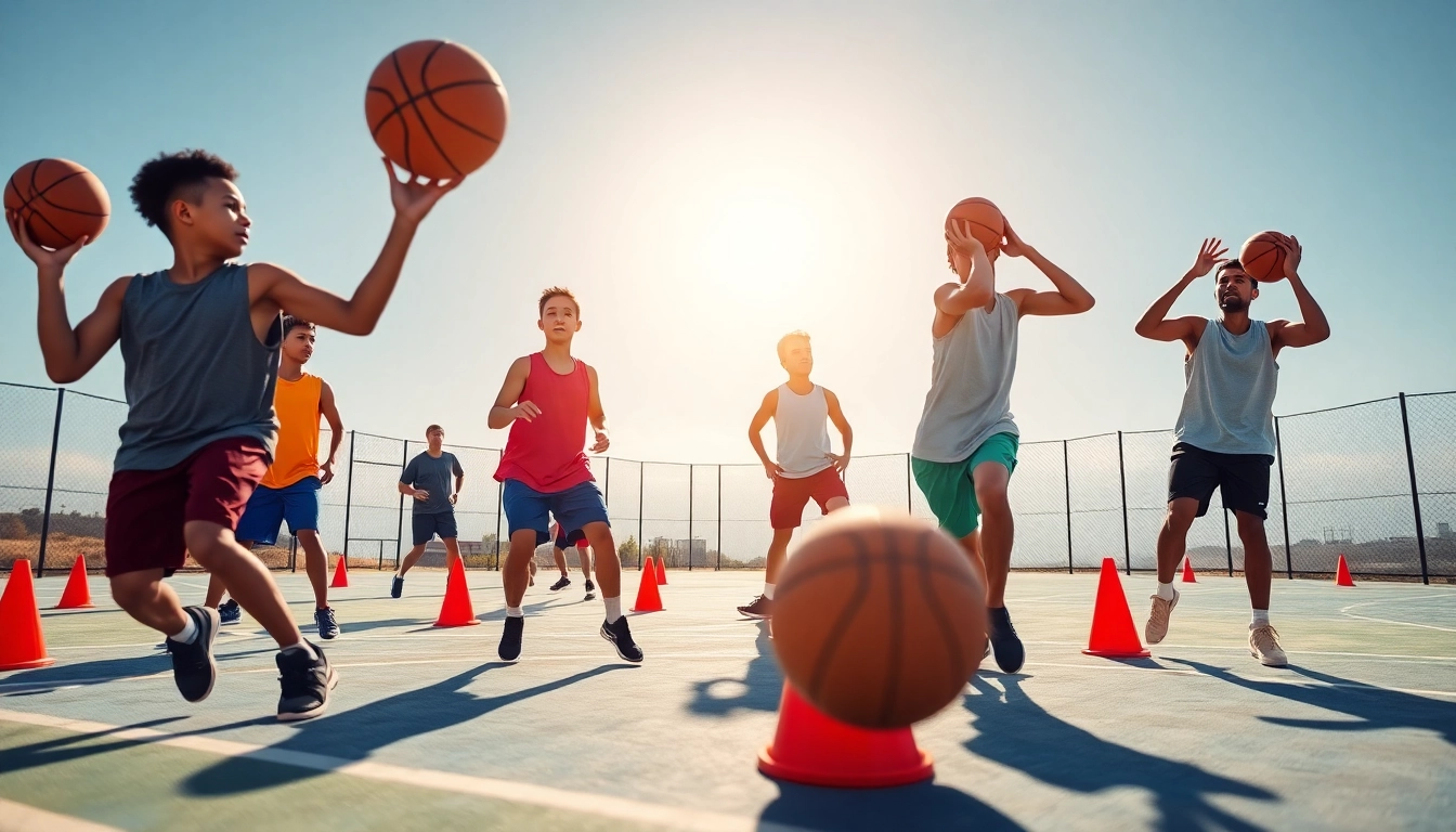 Engaged youth practicing basketball training programs on an outdoor court under bright sunlight.