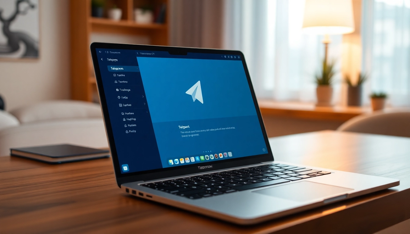 Interact with the Telegram電腦版 interface on a sleek laptop in a modern workspace.