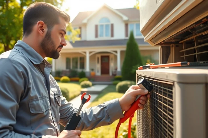 HVAC dealers expertly servicing an air conditioning unit in a bright suburban landscape.