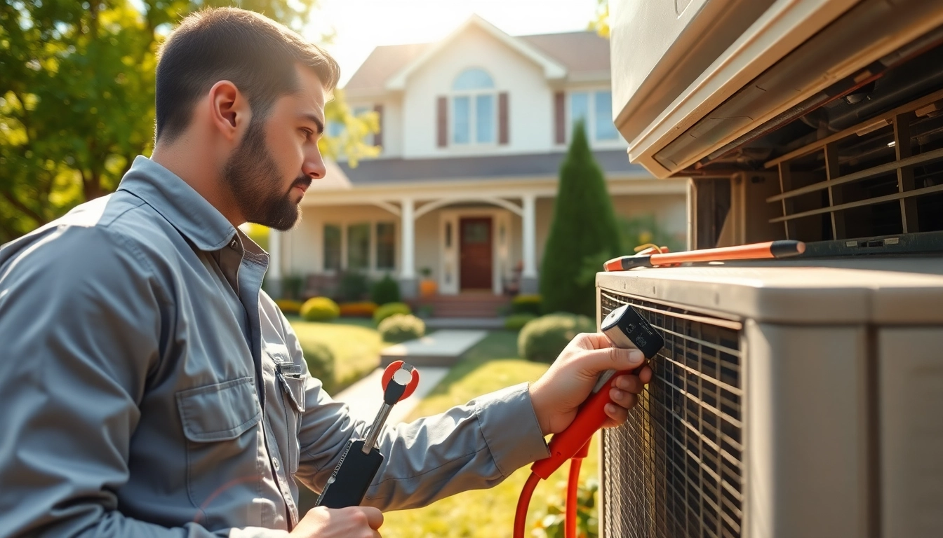 HVAC dealers expertly servicing an air conditioning unit in a bright suburban landscape.