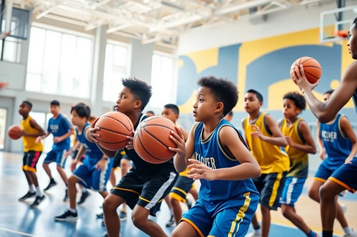Young athletes training intensely at Takeover Basketball Academy, showcasing teamwork and skill development.