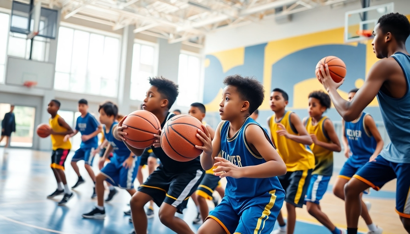 Young athletes training intensely at Takeover Basketball Academy, showcasing teamwork and skill development.