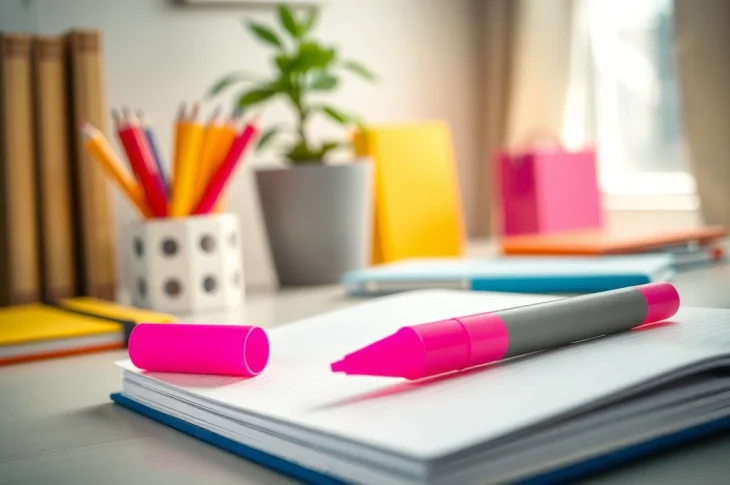 Using a pink highlighter pen to emphasize notes in a bright, organized workspace.