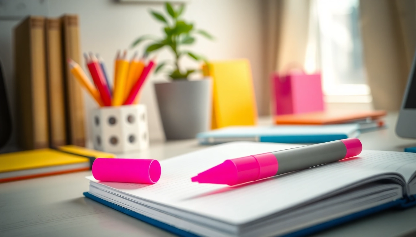 Using a pink highlighter pen to emphasize notes in a bright, organized workspace.