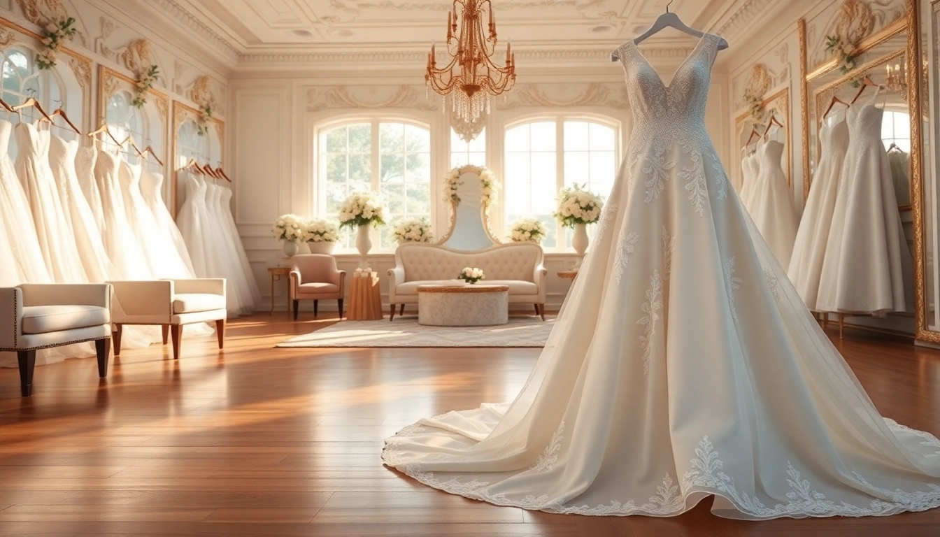 Admiring the beauty of fit and flare wedding dresses in a charming bridal boutique.
