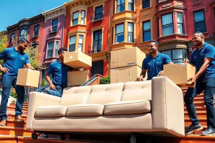 Skilled Brooklyn movers efficiently handling a sofa while showcasing teamwork and professionalism in a vibrant NYC setting.