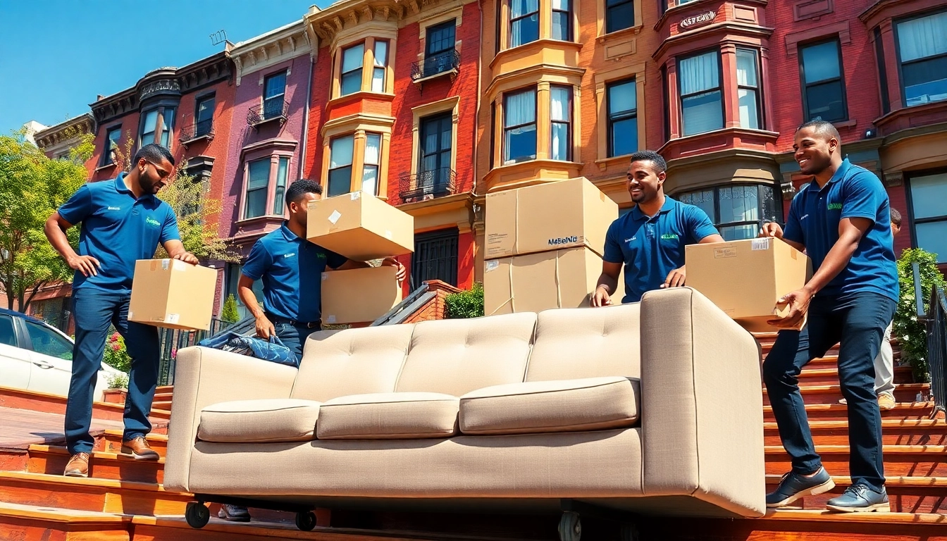 Skilled Brooklyn movers efficiently handling a sofa while showcasing teamwork and professionalism in a vibrant NYC setting.