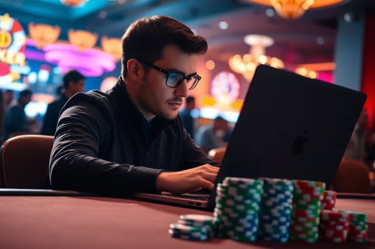 使用GGPoker客户端进行扑克游戏的玩家专注于桌面游戏，展现紧张气氛。
