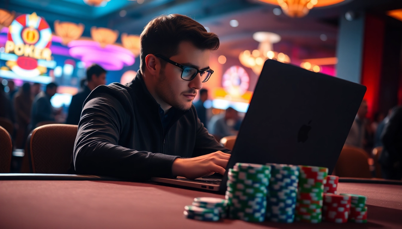 使用GGPoker客户端进行扑克游戏的玩家专注于桌面游戏，展现紧张气氛。