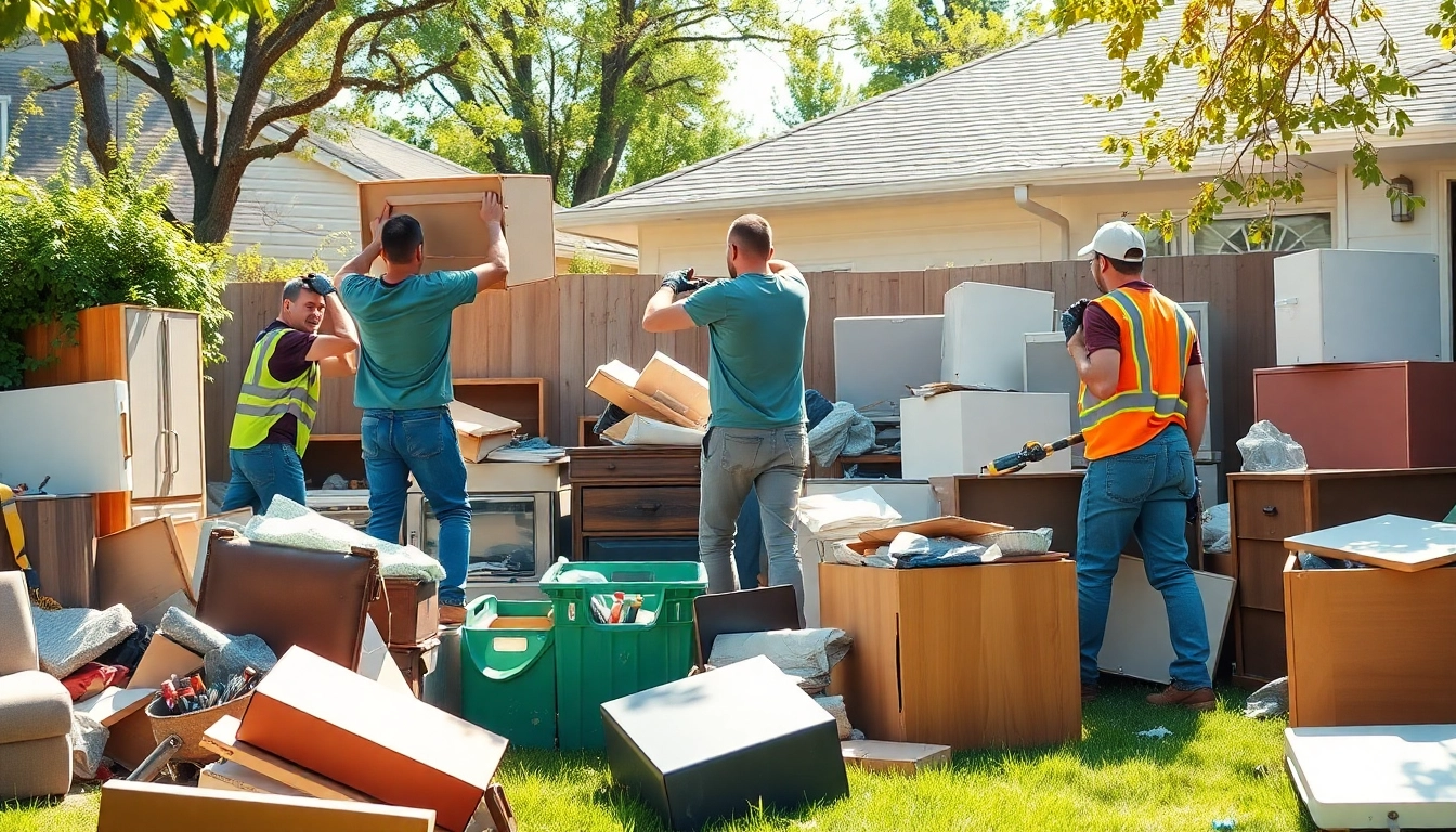 Junk removal service team efficiently clearing clutter from a residential yard.