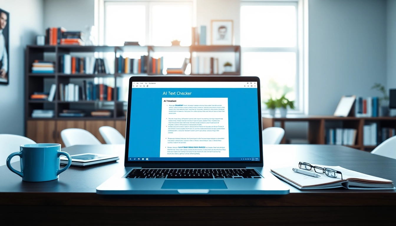 Analyze text accuracy using an AI checker tool in a professional office setting.