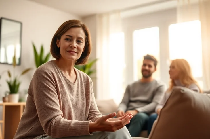 Engaged attachment theory specialist guiding a couple in a supportive therapy session.