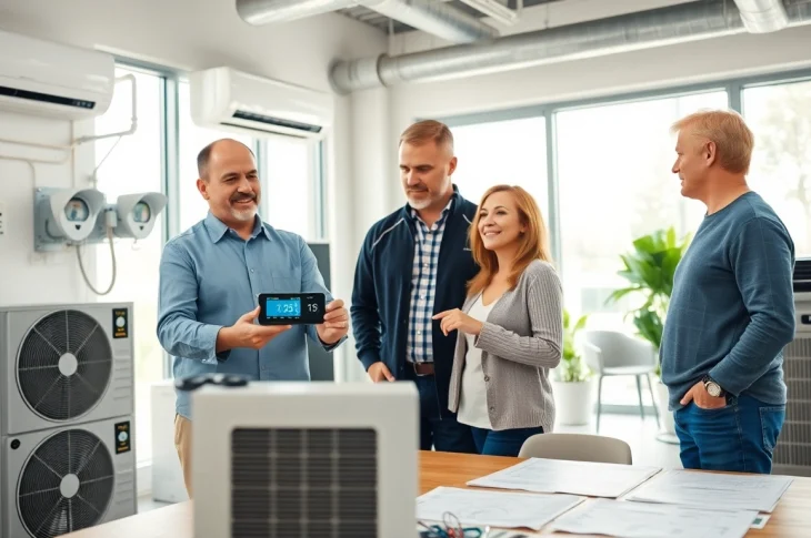 Engaging HVAC dealers working with clients to demonstrate air conditioning solutions and service options.