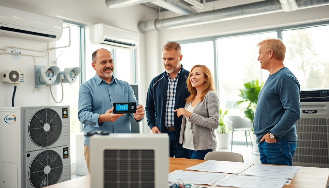 Engaging HVAC dealers working with clients to demonstrate air conditioning solutions and service options.
