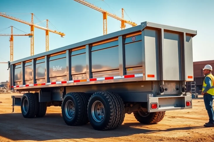 Browse Bri-Mar trailers for sale near me with a focus on a robust dump trailer on a construction site.