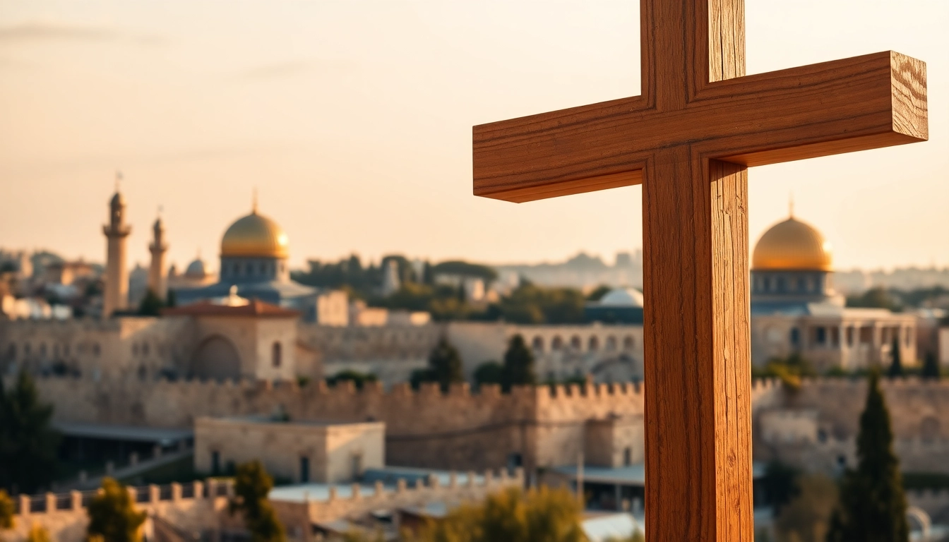 Admire intricately designed Jerusalem crosses showcased against Jerusalem’s iconic skyline.
