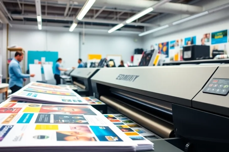 Showcasing printers edmonton alberta in action, with a focus on vibrant printed materials and skilled technicians.