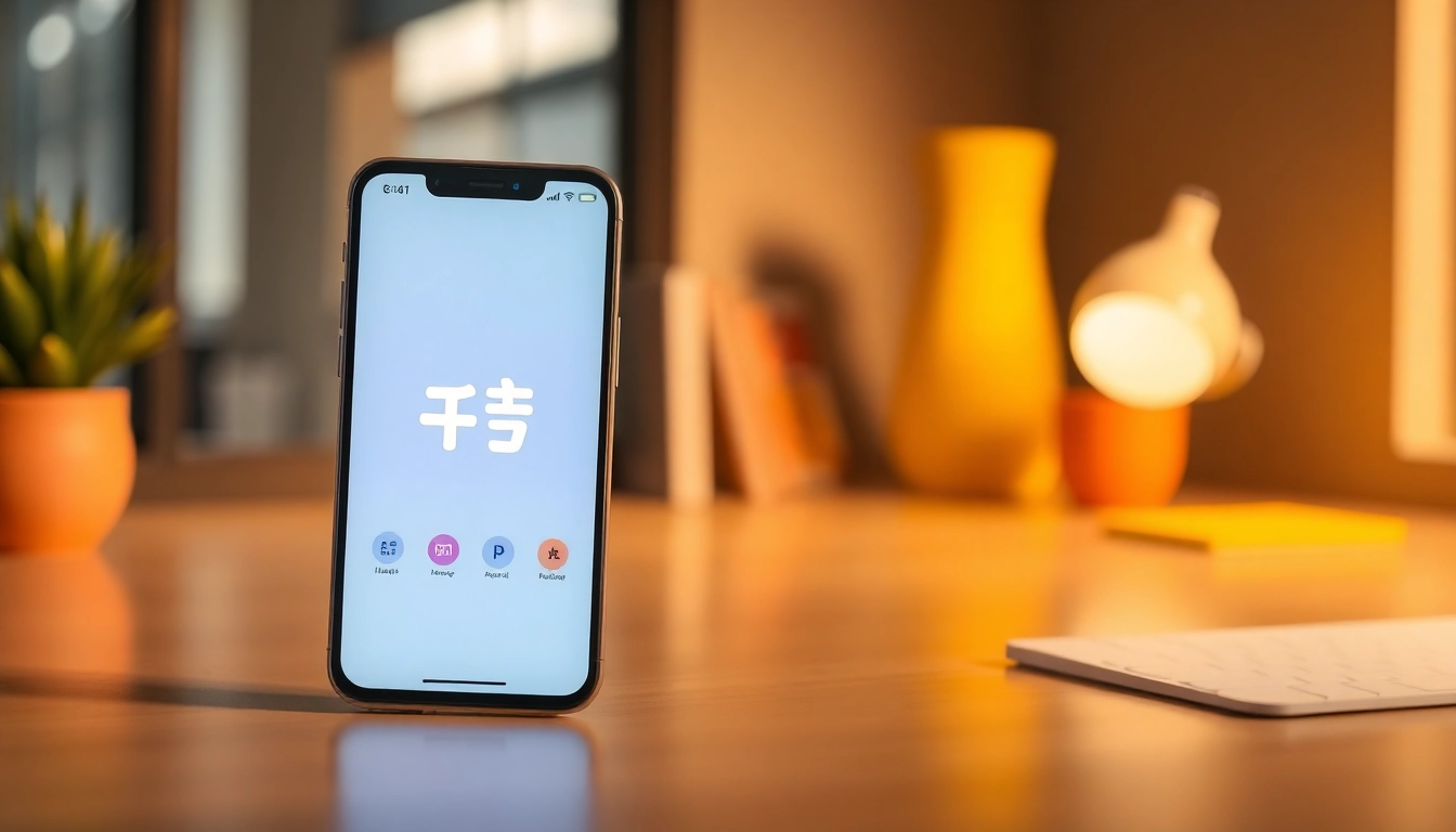 Showcase the 美洽下载 app on a smartphone in a sleek workspace, emphasizing user-friendly design.