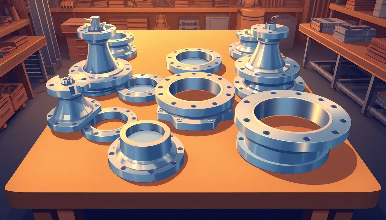 Showcasing industrial flanges displayed in a workshop setting with precision and clarity.