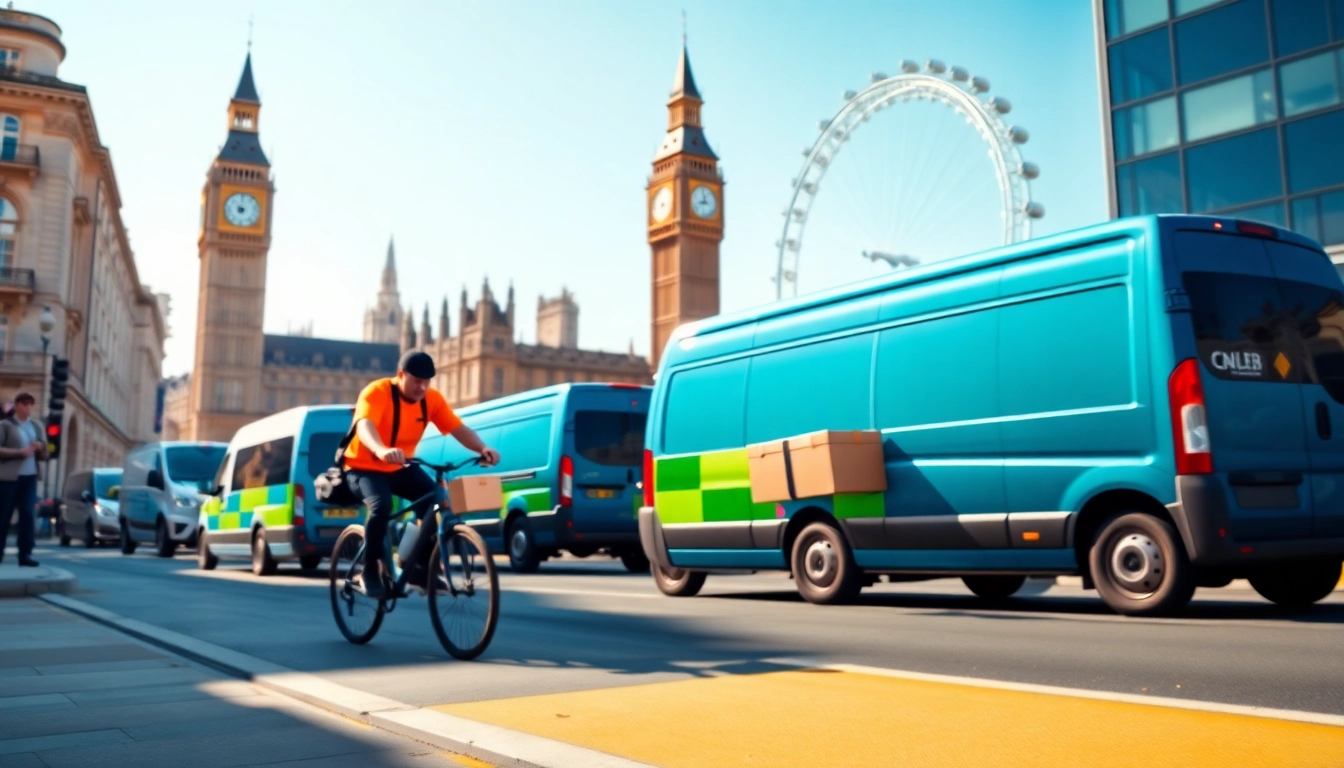 Delivering same day courier service London with a bike courier amidst iconic city landmarks.