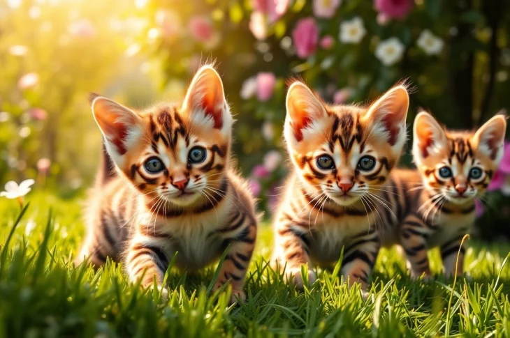 Playful Bengal Kittens for Sale in a sunny garden setting, showcasing their unique patterns.