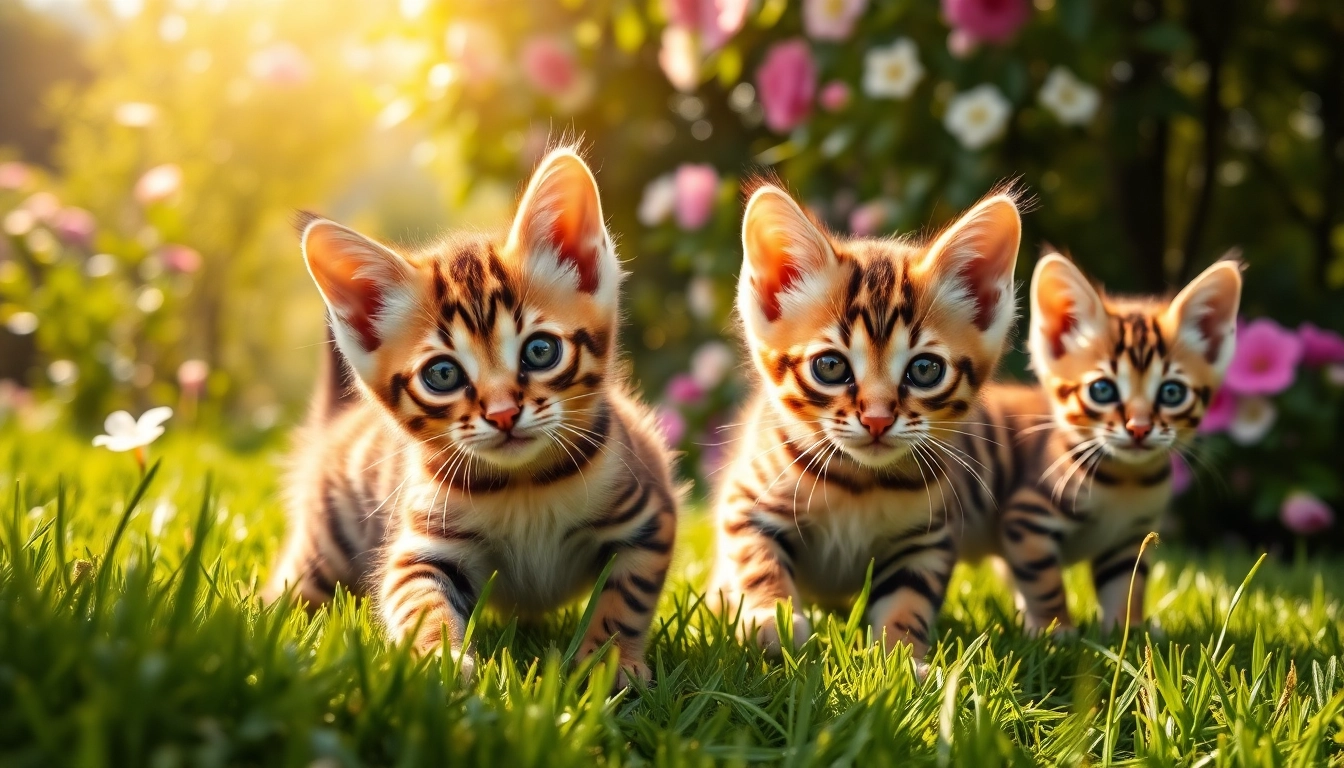 Playful Bengal Kittens for Sale in a sunny garden setting, showcasing their unique patterns.