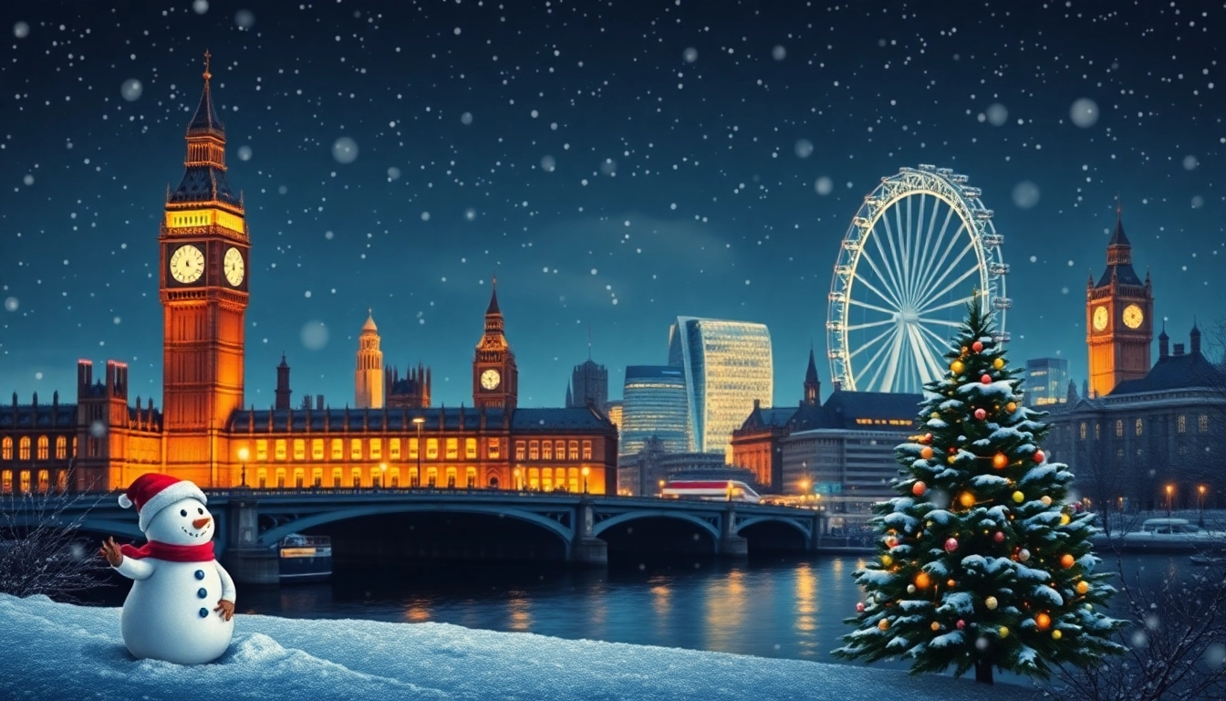 Festive Christmas cards London showcasing the iconic skyline and holiday spirit.