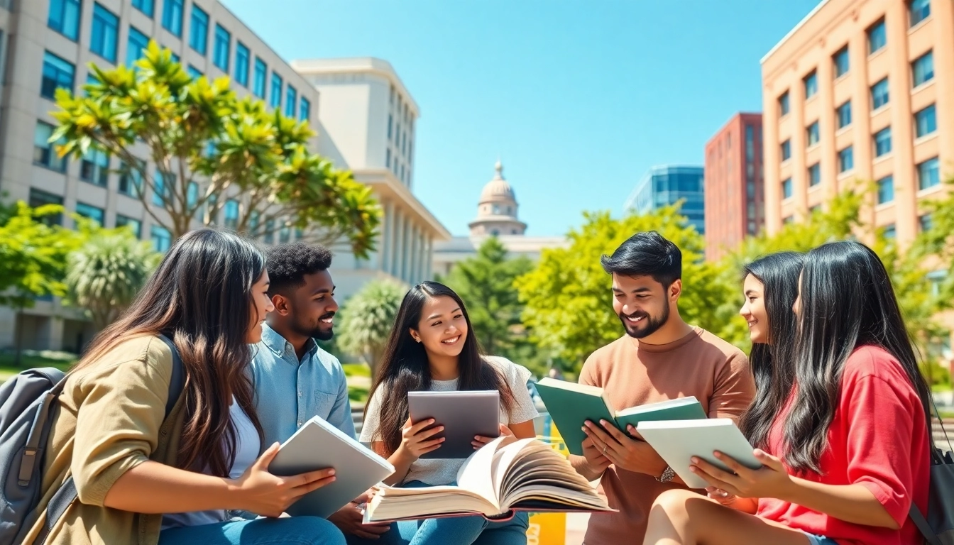 International student group collaborating in a lively university setting with books and laptops.