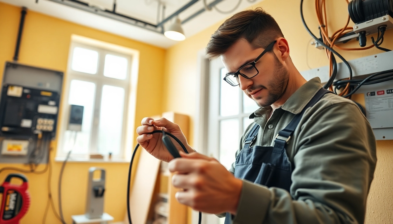Electrician focused on complex wiring tasks in a modern home setting.