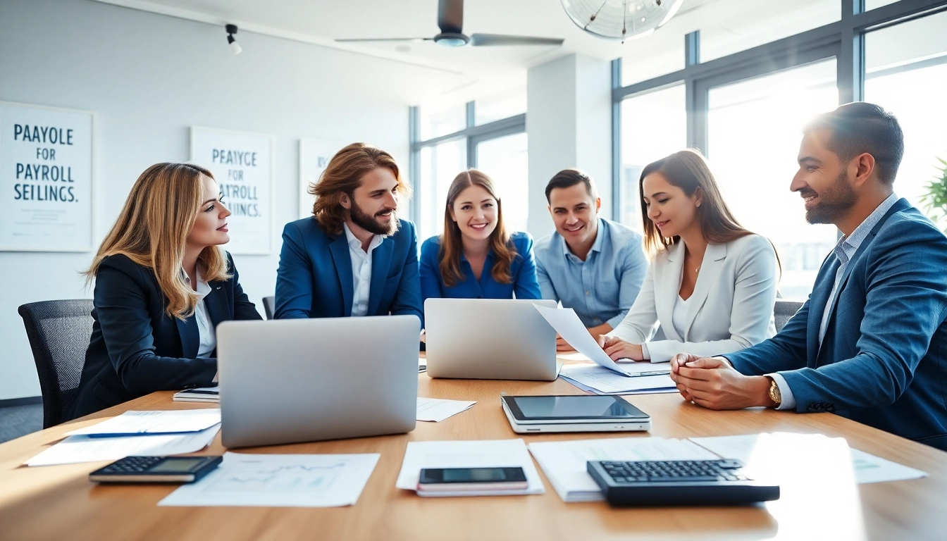 Discussing payroll services in a professional business meeting setting with a collaborative atmosphere.