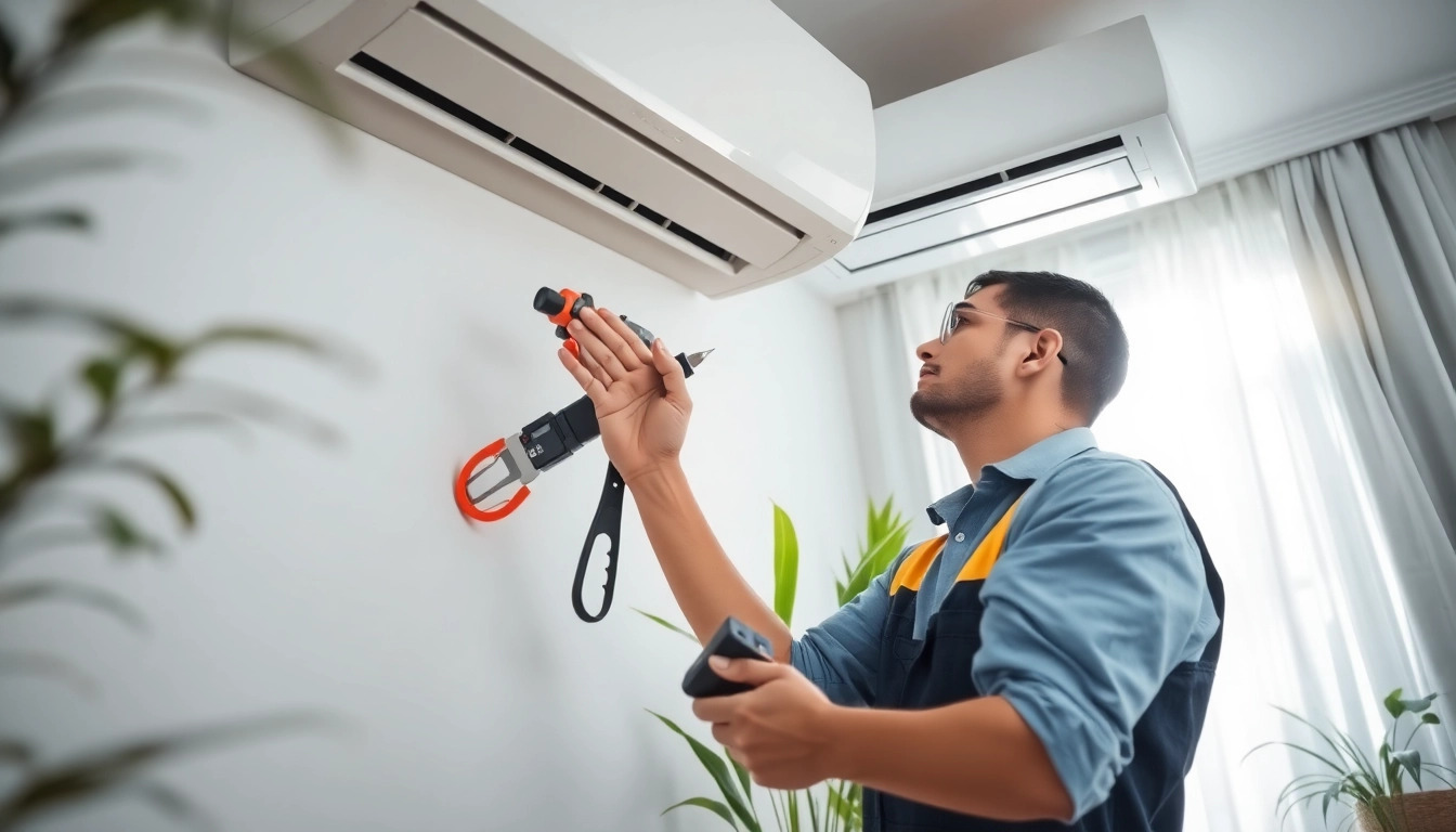 Technician conducting aircon servicing in a bright and tidy home environment.