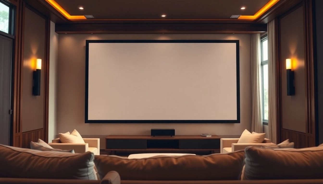 Showcasing Projection Screen Manufacturer's premium projection screen in a luxurious home theater setting.