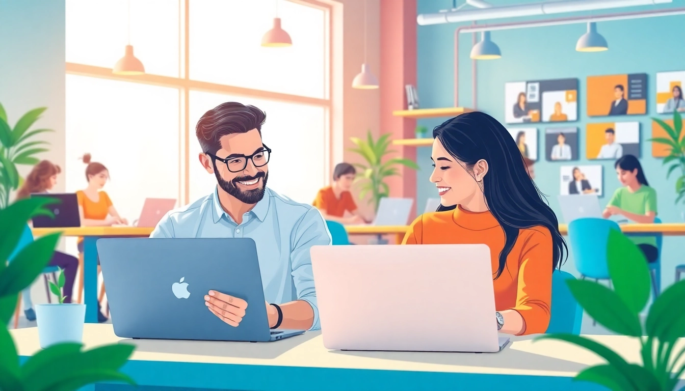 Individuals engaging in side hustles with flexible hours in a vibrant workspace setting.