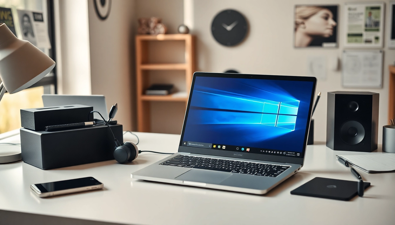 Windows 11 Pro auf einem modernen Laptop in einem professionellen Arbeitsumfeld zeigen.