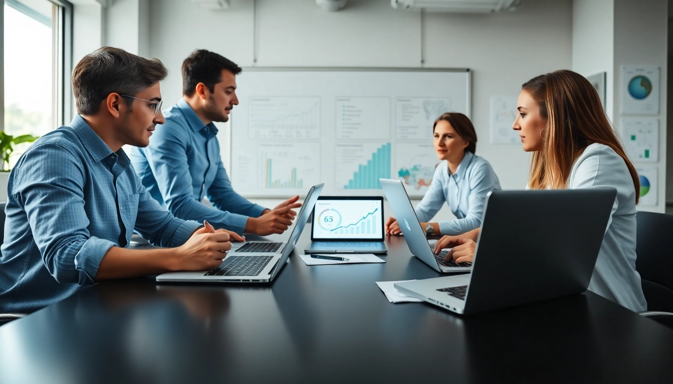 Engaging professionals utilizing AI for competitor analysis in a collaborative workspace with charts.