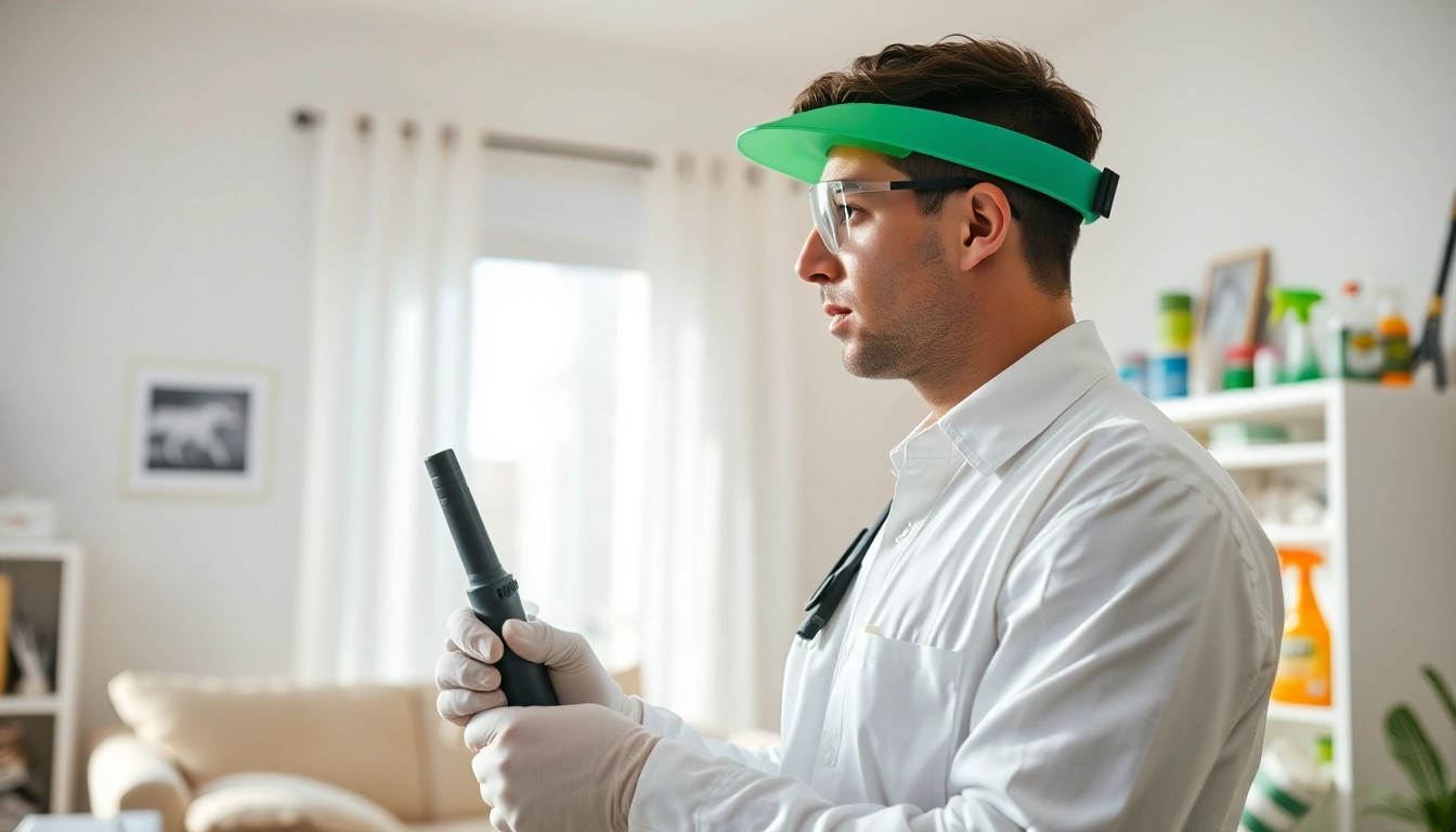 Pest control professional inspecting a home with extermination tools and equipment.