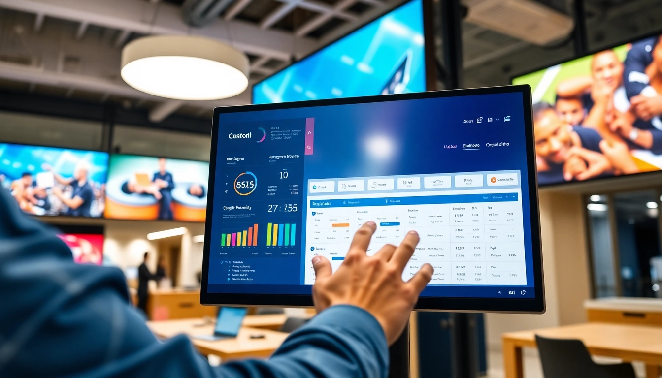 Interact with a professional digital signage CMS interface in a modern office setting.