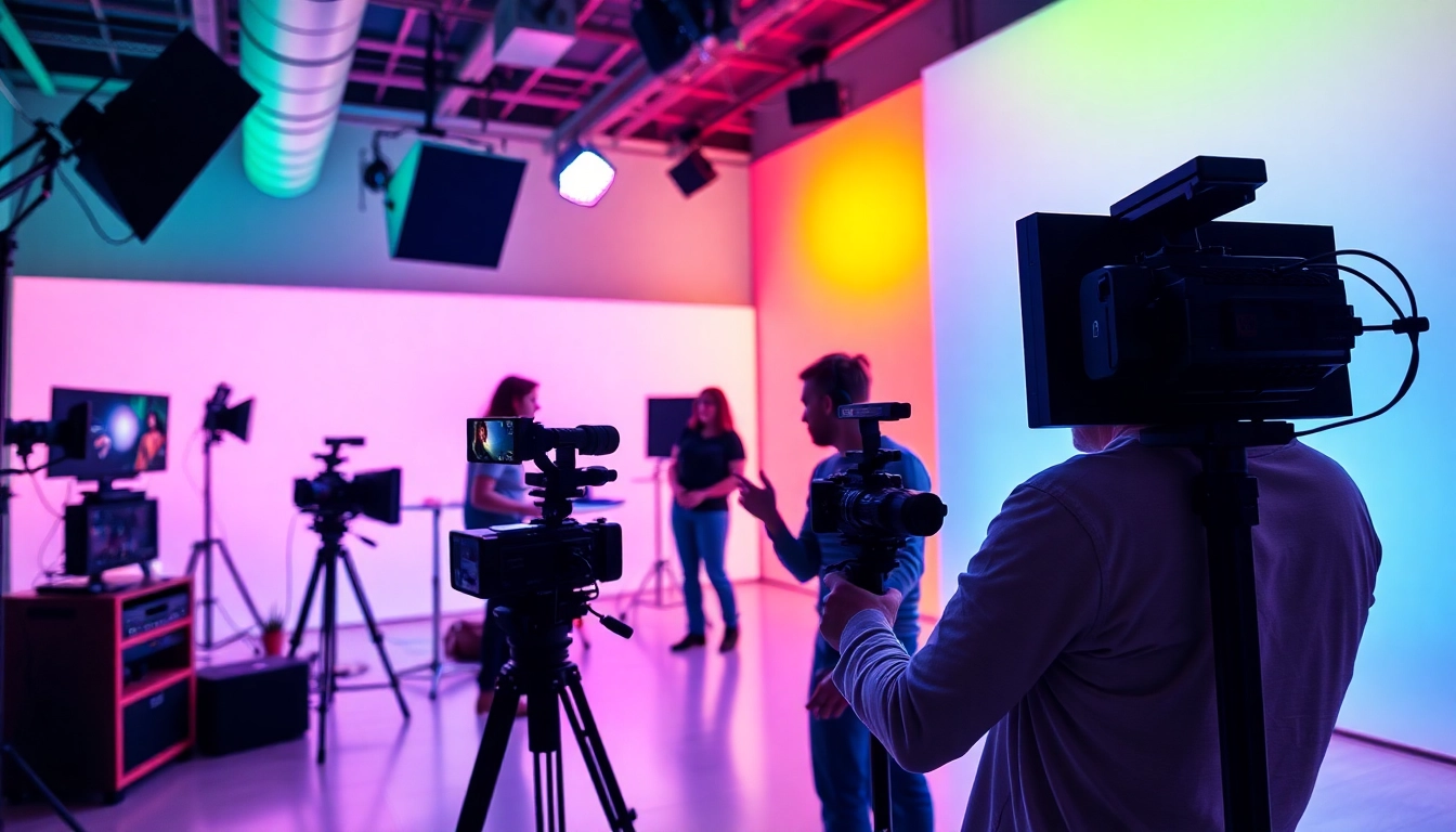Showcase the creative process at a 영상업체 as teams collaborate with advanced video equipment in a bright studio.