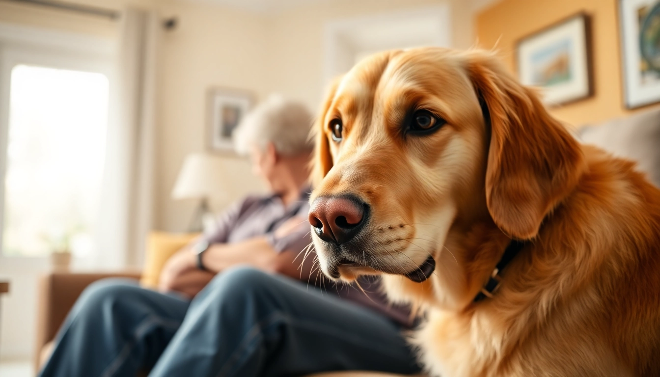 Supportive PTSD service dog for sale provides comfort to a person in a bright living room.
