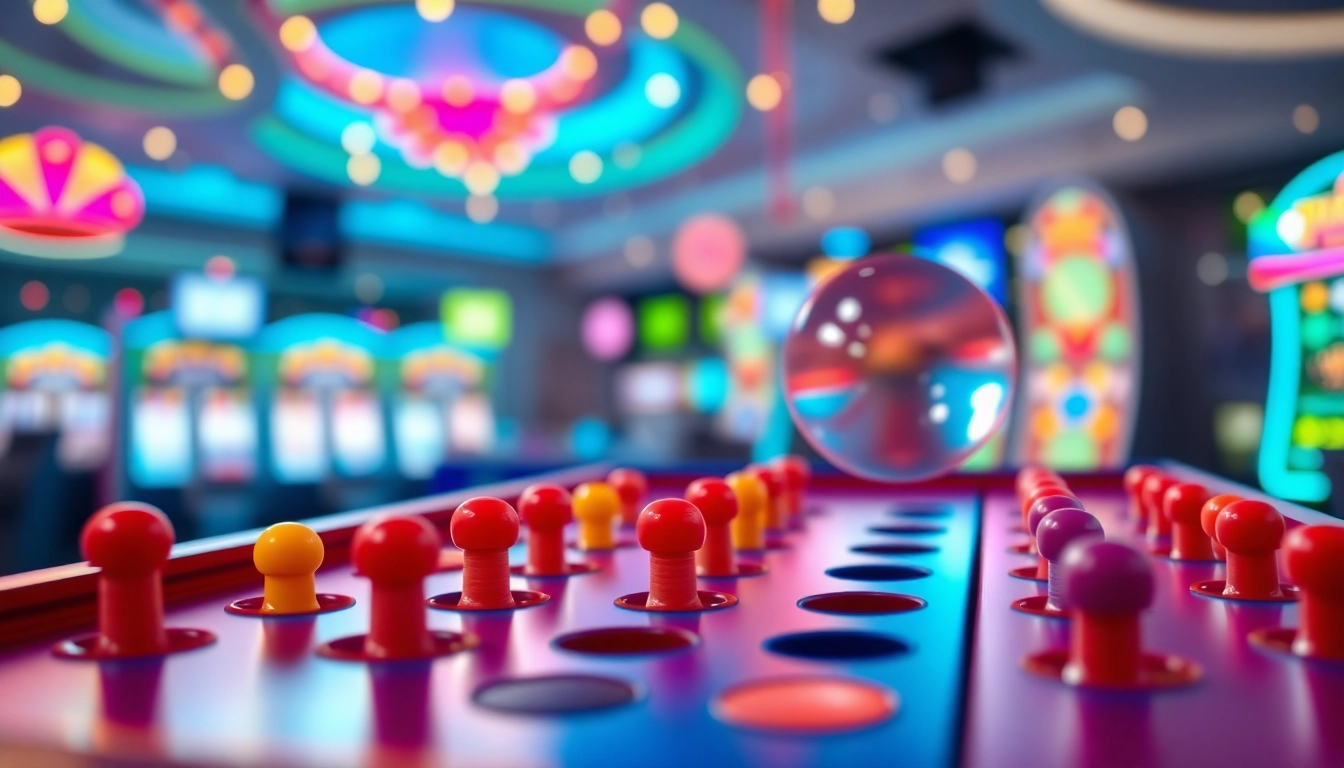 Permainan situs plinko dengan papan berwarna cerah dan bola jatuh, menciptakan suasana seru.
