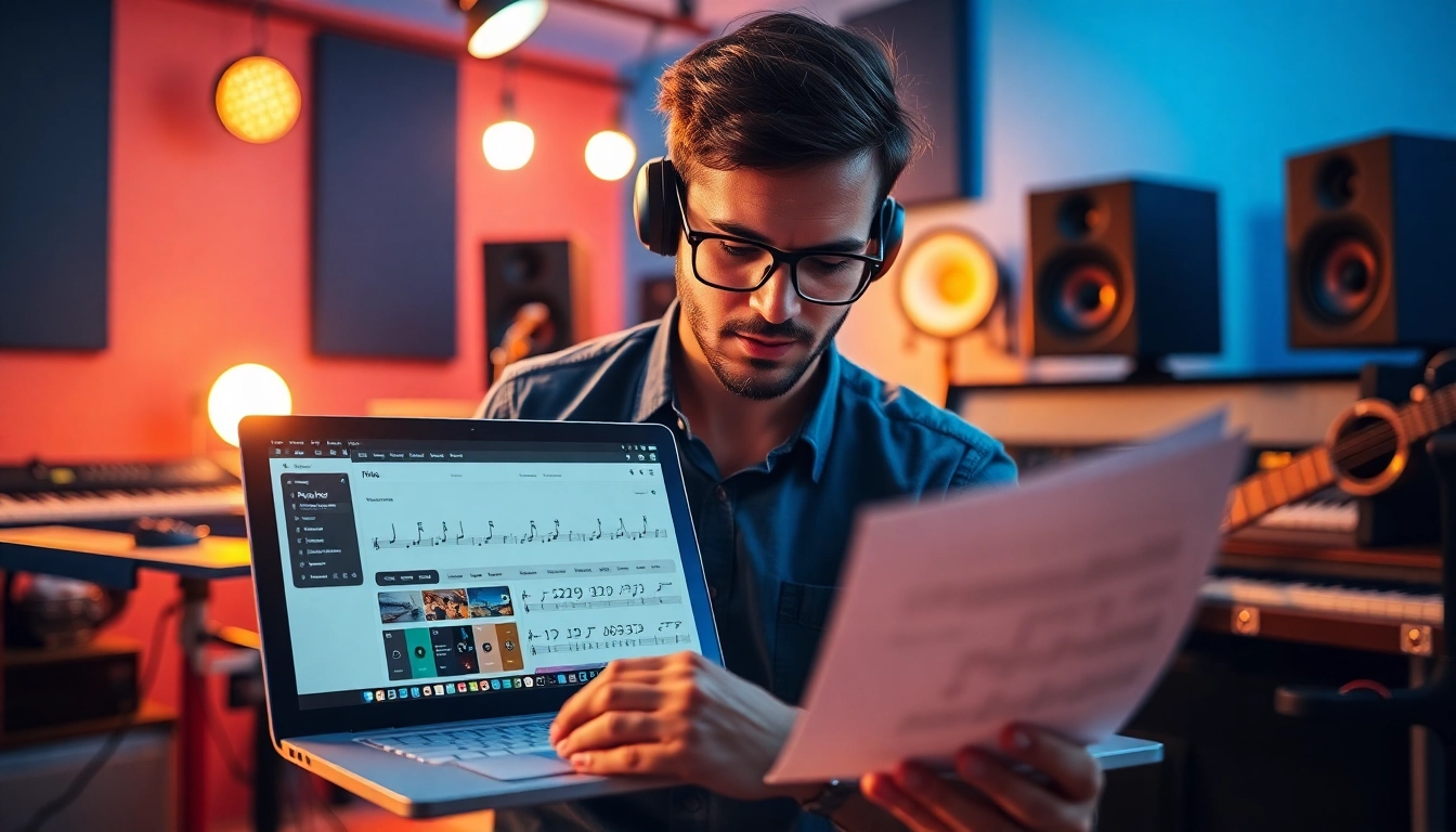 Engaging in music pitching, a musician refines their craft in a bright studio.