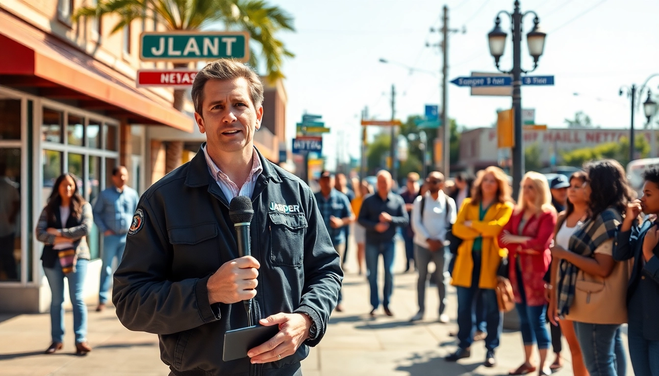 Reporter delivering local jasper news on a lively street in Jasper, Texas.